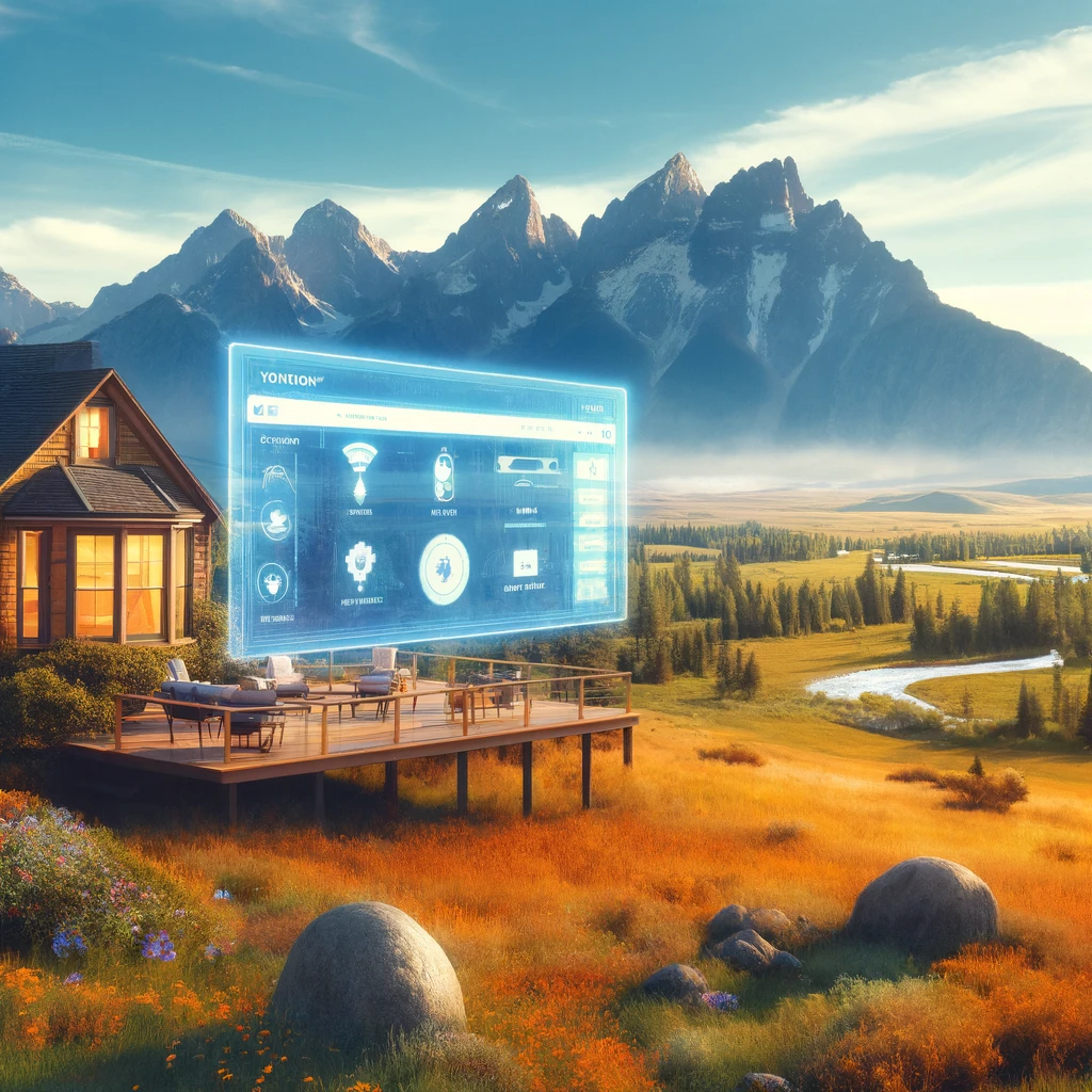 A log cabin ranch sits in front of the Teton mountains in Wyoming. There is a futuristic heads-up-display showcasing smart home tech